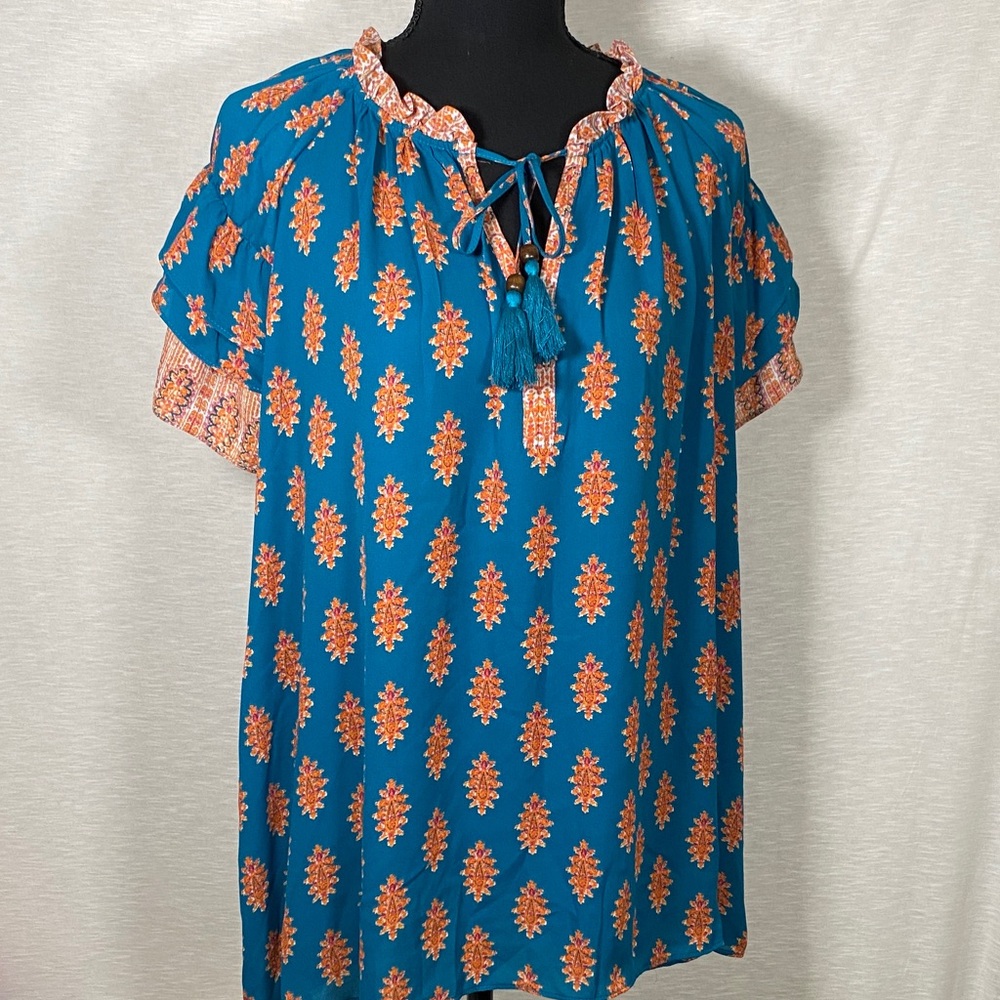 Rose‎ & Olive Blouse Womens 2X Teal Orange Flutter Sleeves Flowy Boho Tassel NWT